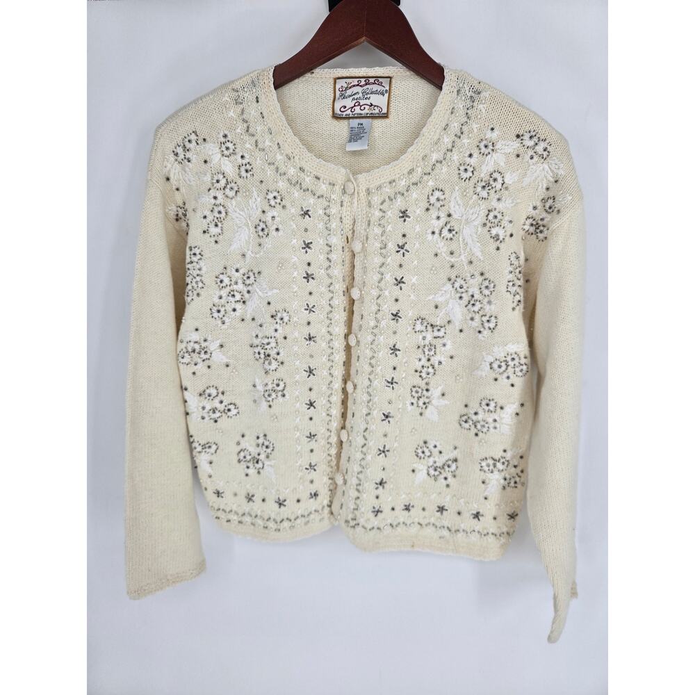 Cream Pearl Beaded Embroidered Button Front Sweater Women's M Petite